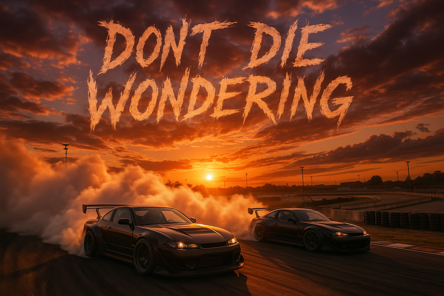 Instead of formula one cars, can you do actual drift cars. and also make the font on "Don't Die Wondering" edgy and rough